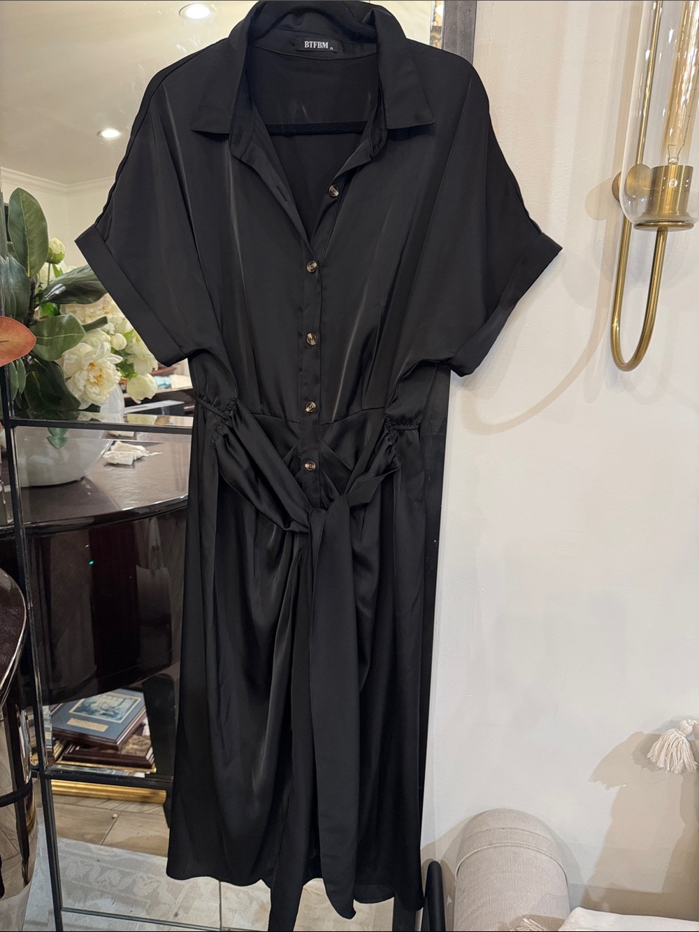 Black Button-Front Shirt Dress with Tie Waist